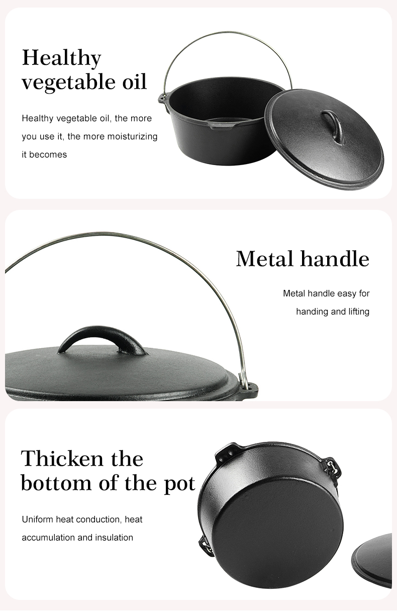 Cast iron outdoor Dutch grill with lid, suitable for bonfire cooking, stewing and baking - durable cast iron pot