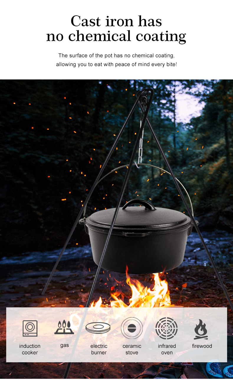 Cast iron outdoor Dutch grill with lid, suitable for bonfire cooking, stewing and baking - durable cast iron pot