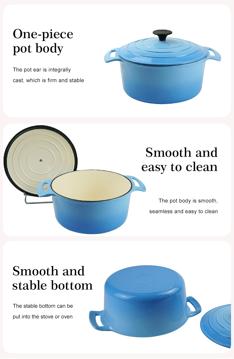 Cast iron enamel Dutch baking pan with lid, with double handles, for bread baking, cooking, non-stick enamel-coated cookware (blue)