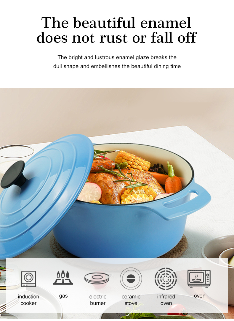Cast iron enamel Dutch baking pan with lid, with double handles, for bread baking, cooking, non-stick enamel-coated cookware (blue)