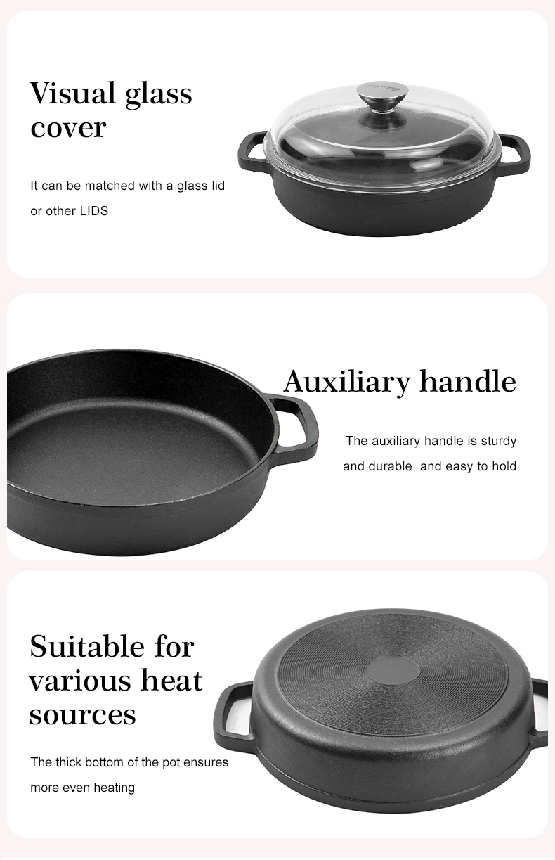High Quality Pre-Seasoned Cast Iron Skillet Pan Eco-Friendly Glass Lid Two Side Handles Modern Design for Frying Cooking Wok