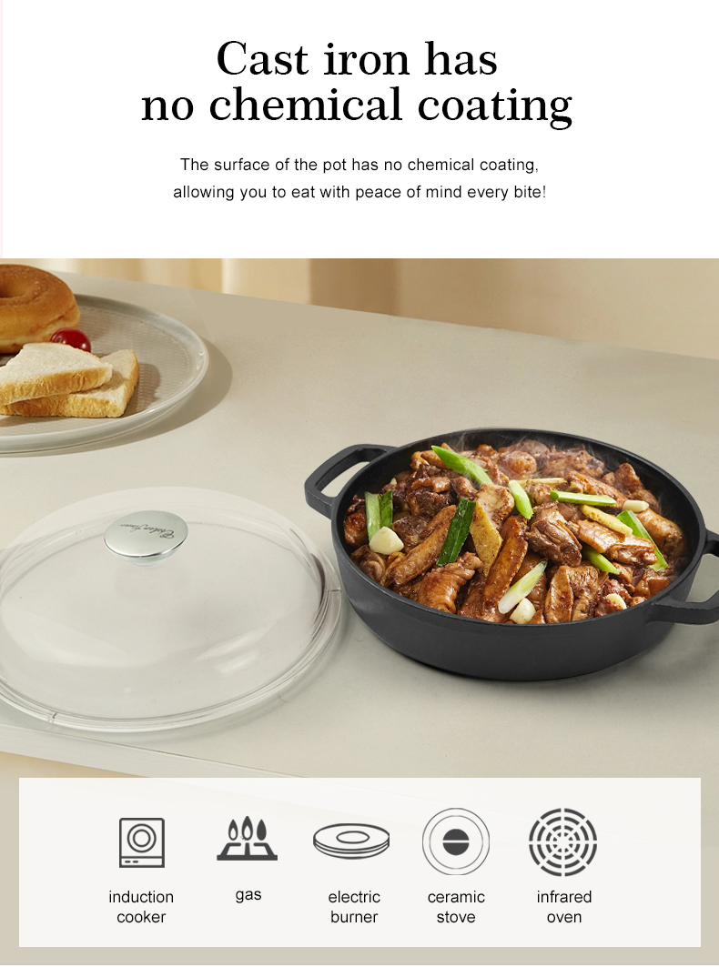 High Quality Pre-Seasoned Cast Iron Skillet Pan Eco-Friendly Glass Lid Two Side Handles Modern Design for Frying Cooking Wok