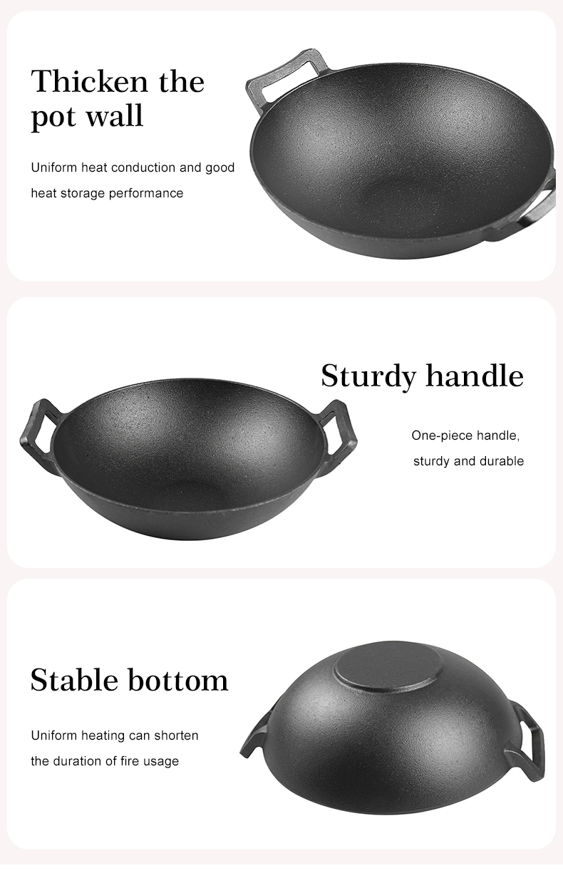 Cast iron wok with double ears, suitable for all stoves, traditional uncoated Chinese wok