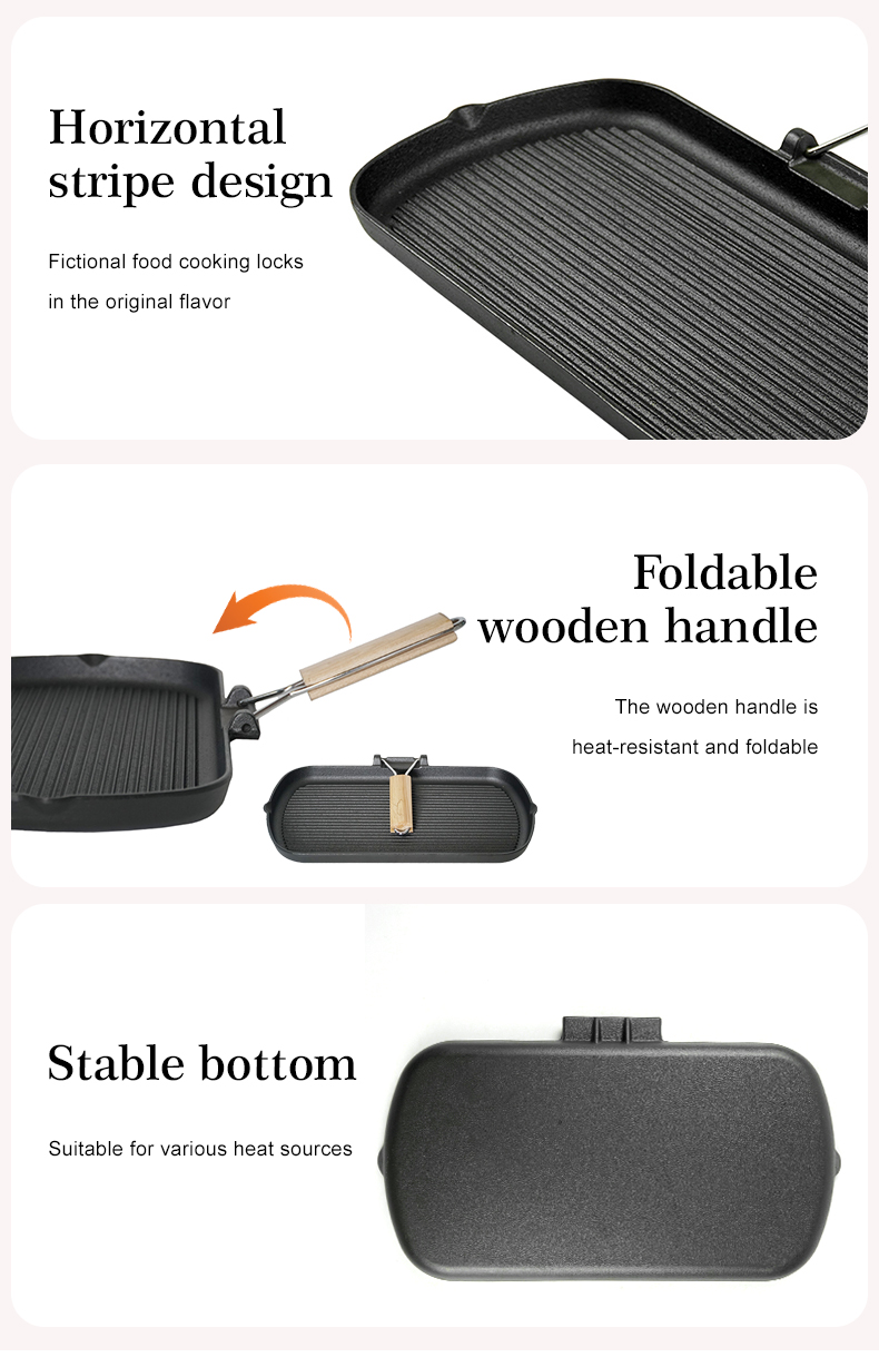 Cast iron baking pan with folding handle, rectangular, steak pan with wooden handle, non-stick frying pan