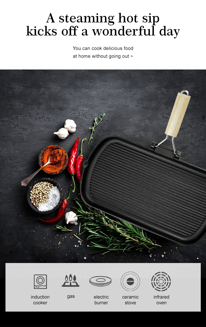 Cast iron baking pan with folding handle, rectangular, steak pan with wooden handle, non-stick frying pan