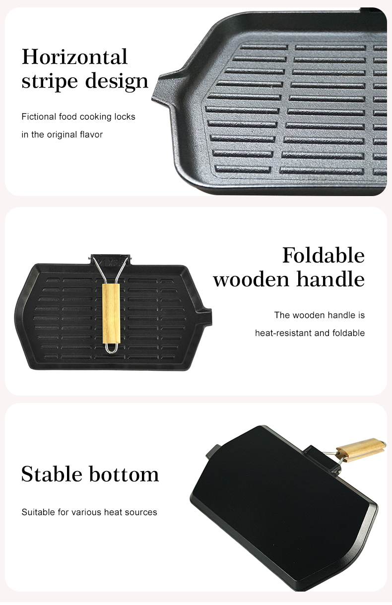Non-stick ribbed flat pan made of cast iron with folding handle, suitable for stoves and grills (large rectangular pan)