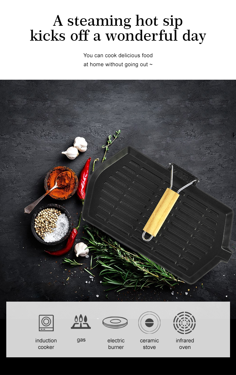 Non-stick ribbed flat pan made of cast iron with folding handle, suitable for stoves and grills (large rectangular pan)