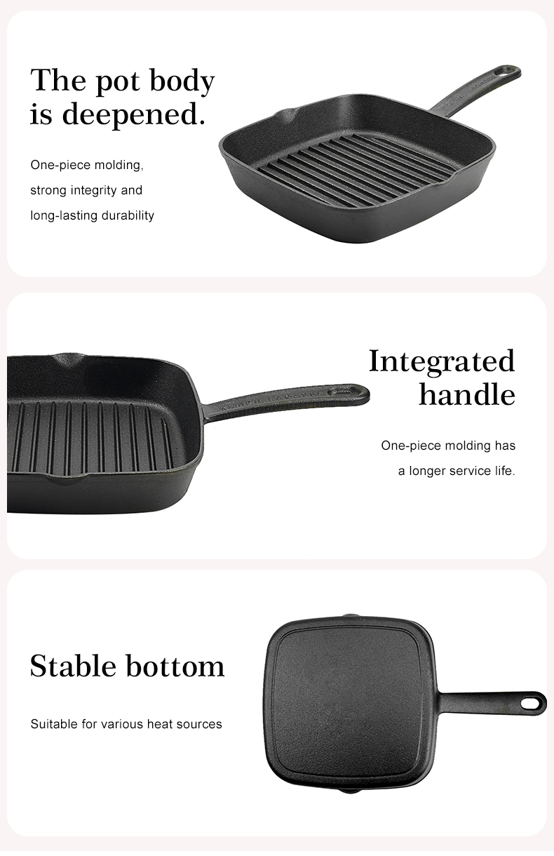 Cast iron square grill pan, steak frying pan, kitchen steak, fish and barbecue utensils