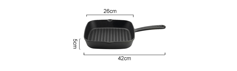 Cast iron square grill pan, steak frying pan, kitchen steak, fish and barbecue utensils