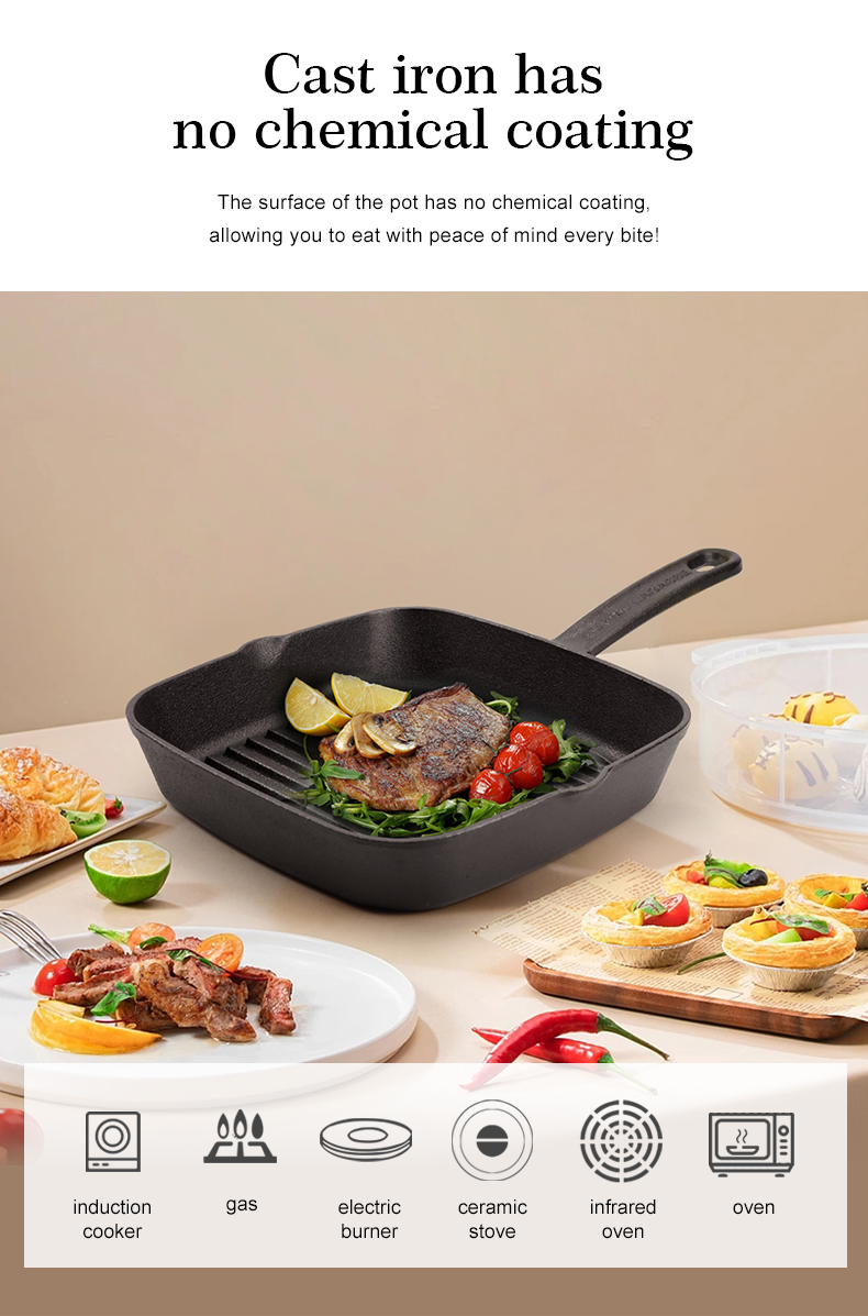Cast iron square grill pan, steak frying pan, kitchen steak, fish and barbecue utensils