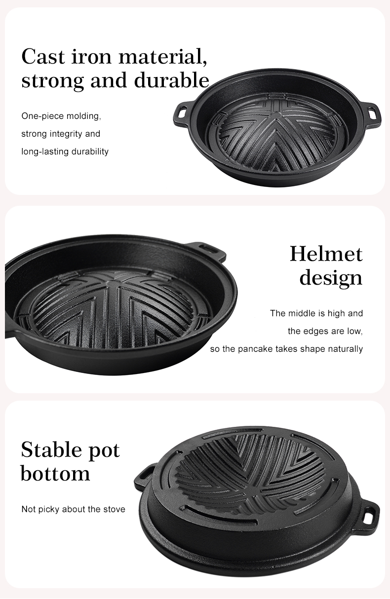 A cast-iron round frying pan, suitable for mobile breakfast, lunch and snacks such as pancakes, tortillas and eggs