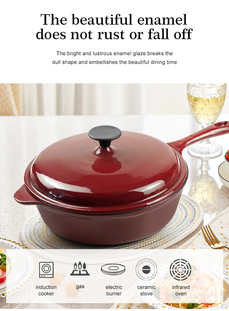 Cast iron frying pan with lid and auxiliary handle, enamel Dutch baking pan, suitable for pasta and soup, ideal for boiling, stewing and frying, easy to clean