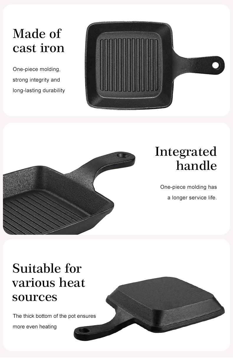Mini black cast iron frying pan set, square flat pan small frying pan