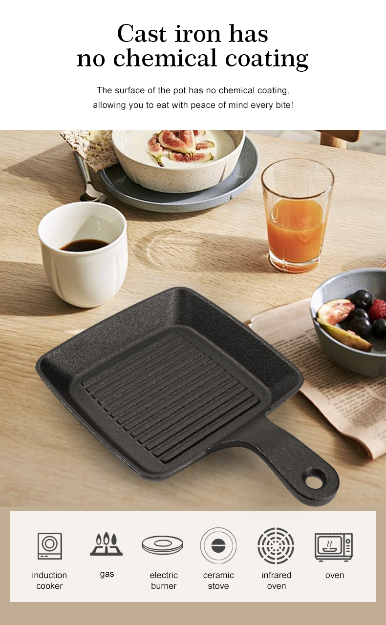 Mini black cast iron frying pan set, square flat pan small frying pan