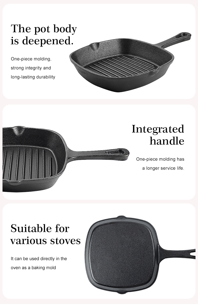 Cast iron square baking tray with handle, suitable for thick steak and bacon POTS on the stove