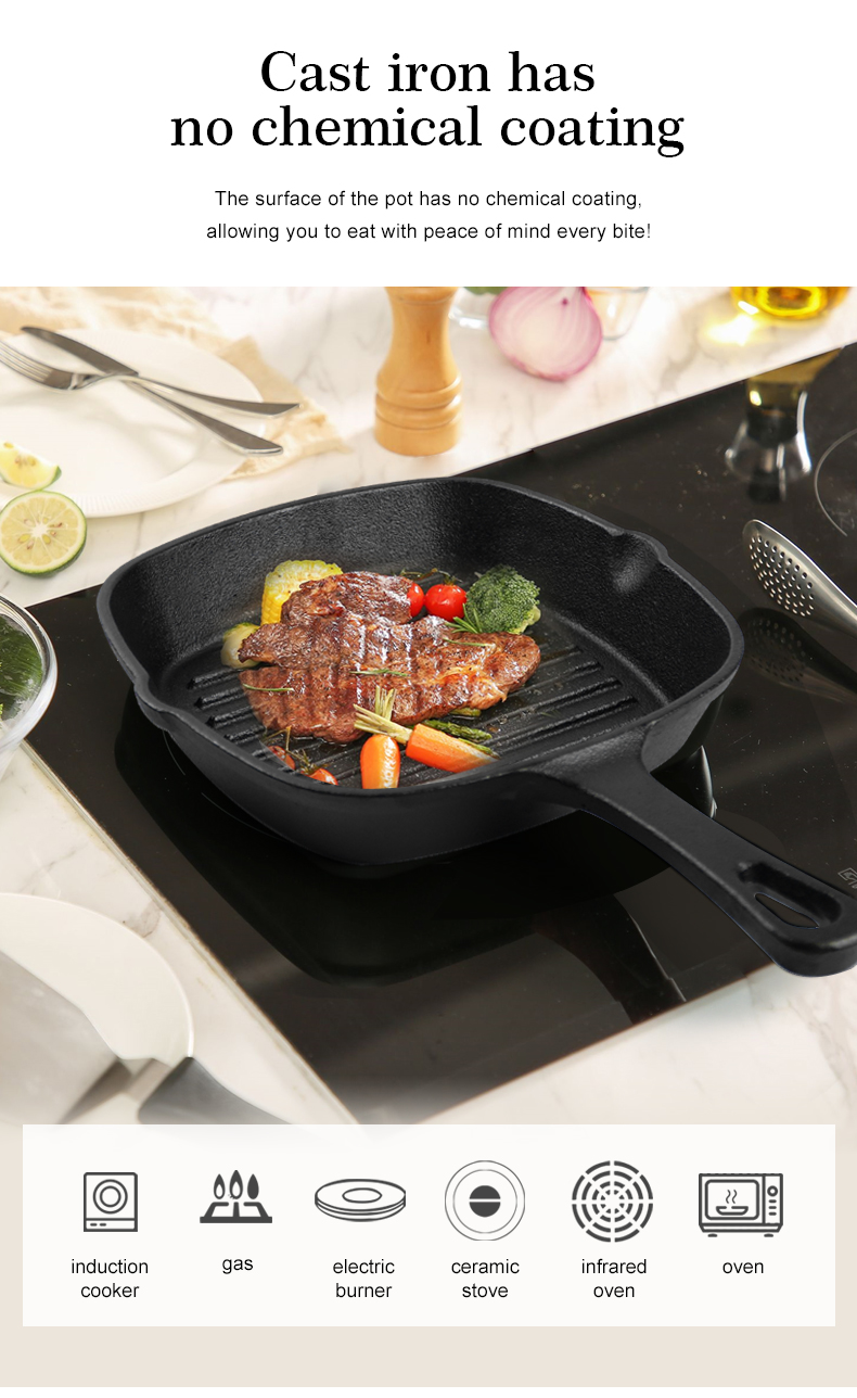 Cast iron square baking tray with handle, suitable for thick steak and bacon POTS on the stove