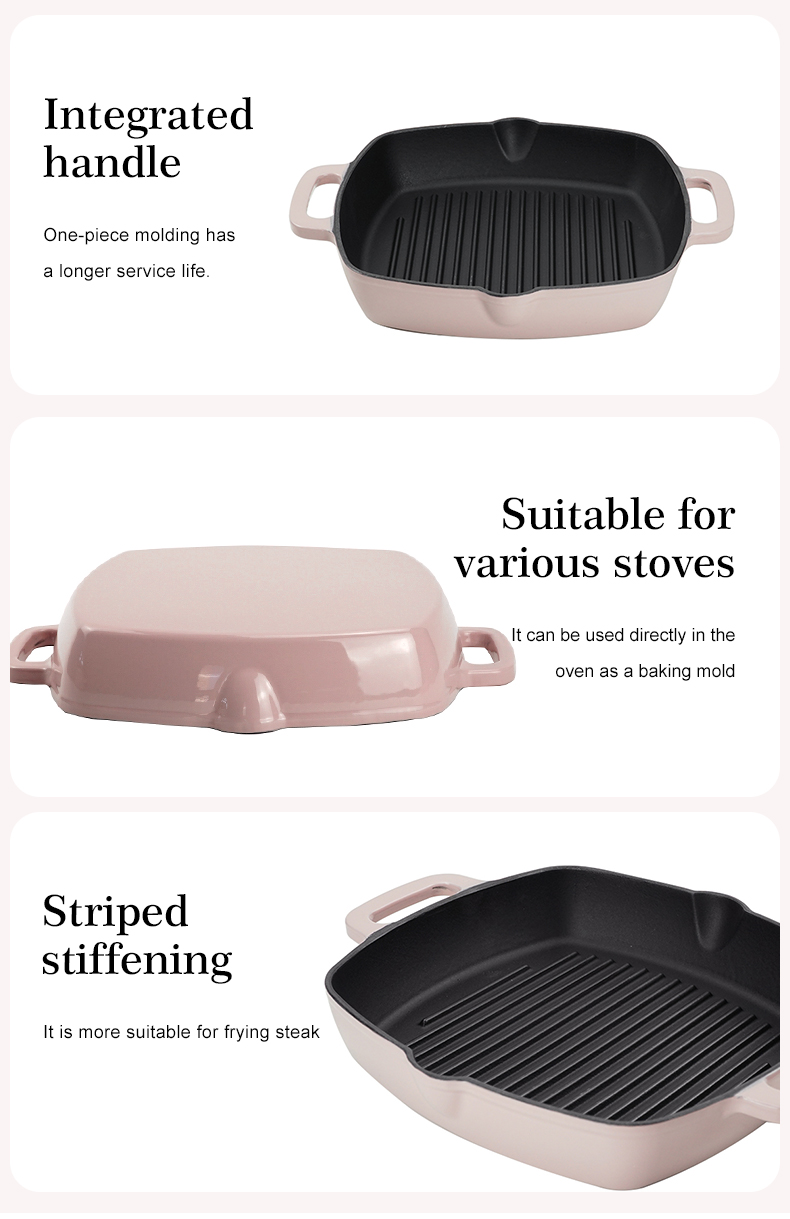 The square cast iron barbecue grill has an easy-to-drain grease outlet with a large ring-shaped handle