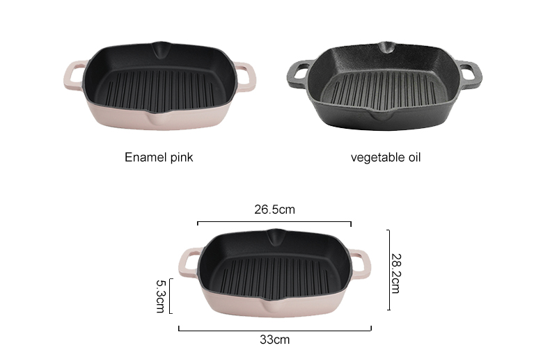 The square cast iron barbecue grill has an easy-to-drain grease outlet with a large ring-shaped handle