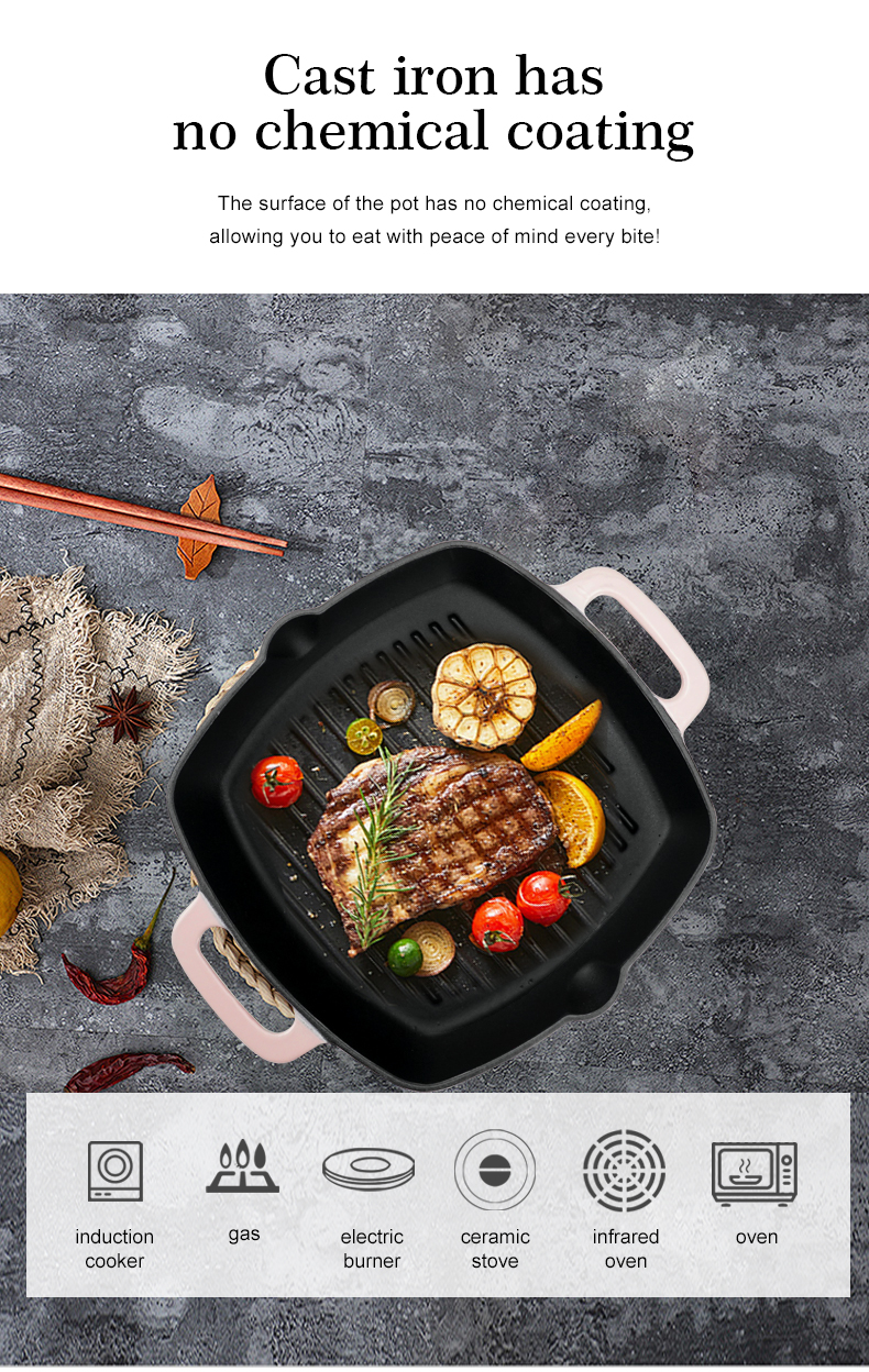The square cast iron barbecue grill has an easy-to-drain grease outlet with a large ring-shaped handle