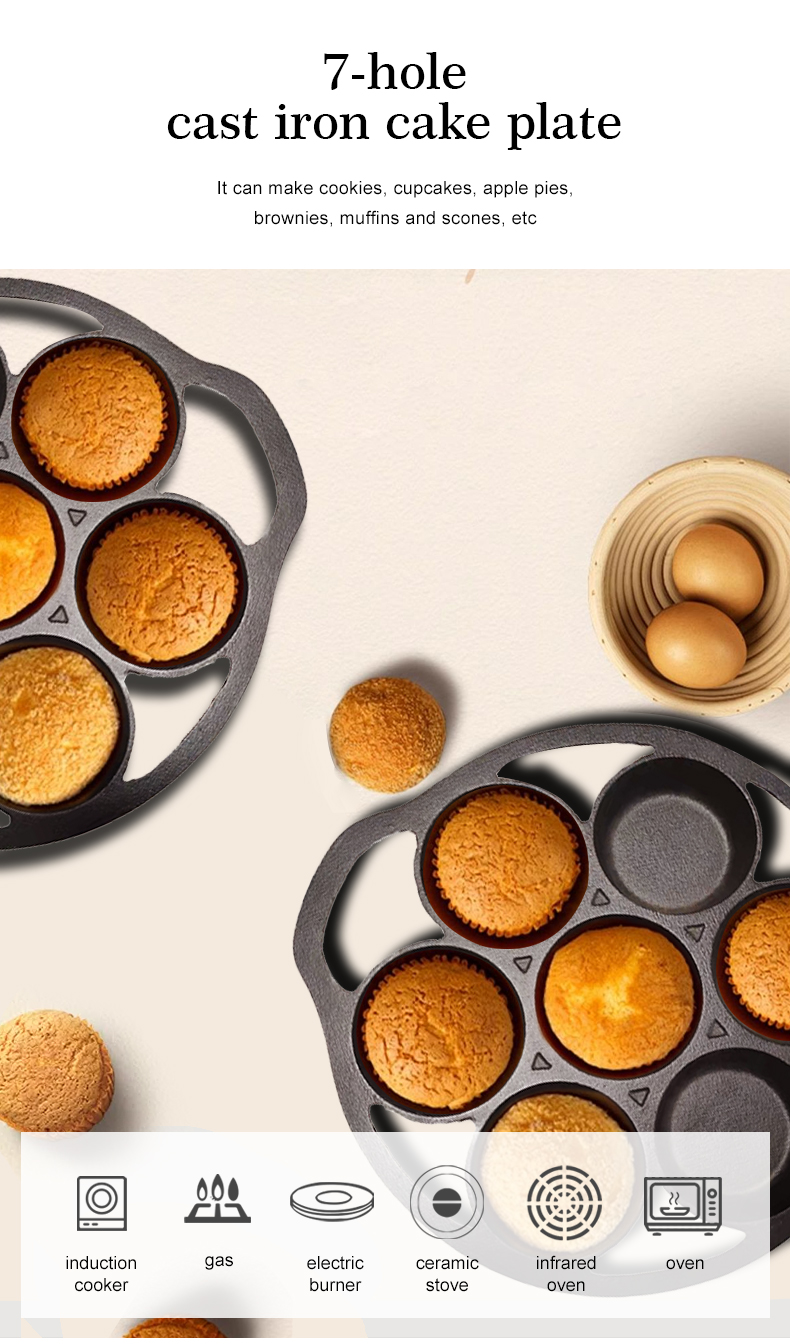 7-hole cast iron cookie baking tray, muffin baking tray with handle, suitable for muffins and scones