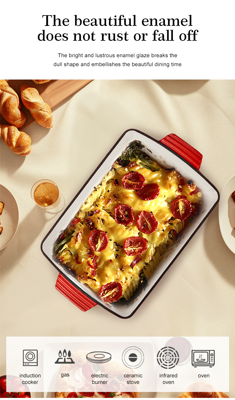 Oven stew pot, enamel cast iron baking tray, rectangular multi-layered pancake baking tray with handle