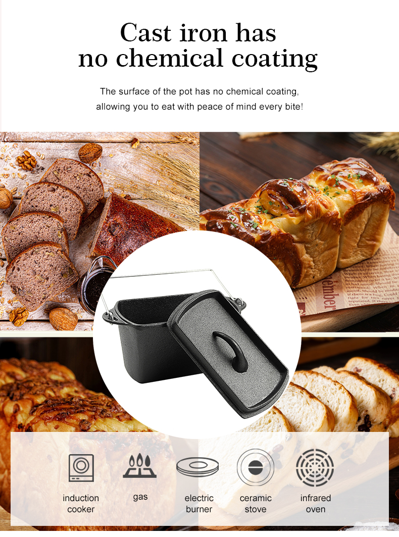 Rectangular cast-iron bread baking tray with handle and lid