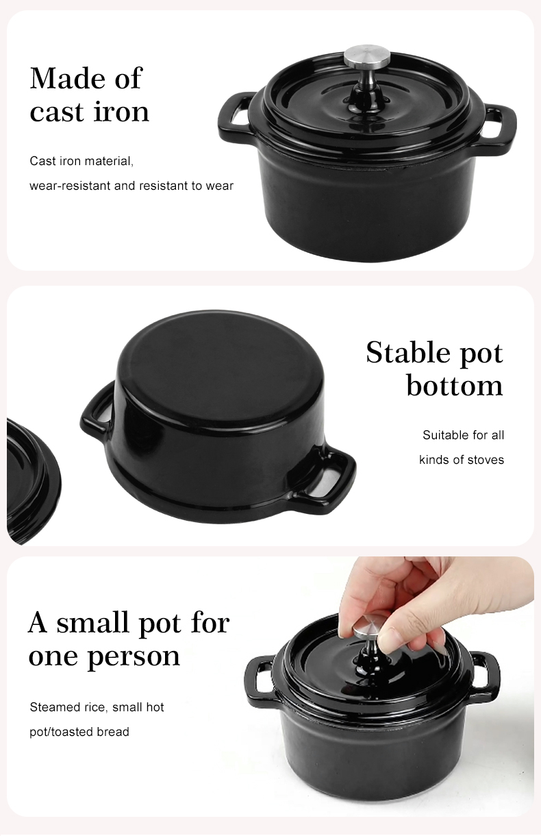 Dutch baking pan, mini cast iron pot with lid, round stew pot with handle, suitable for oven