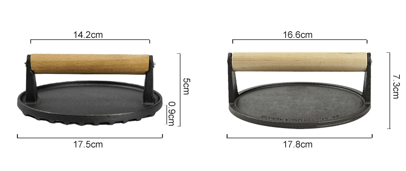 Pre-treated cast iron hamburger press - heavy-duty press suitable for barbecues, meats, grilled cheeses, and panini - Round wooden handle