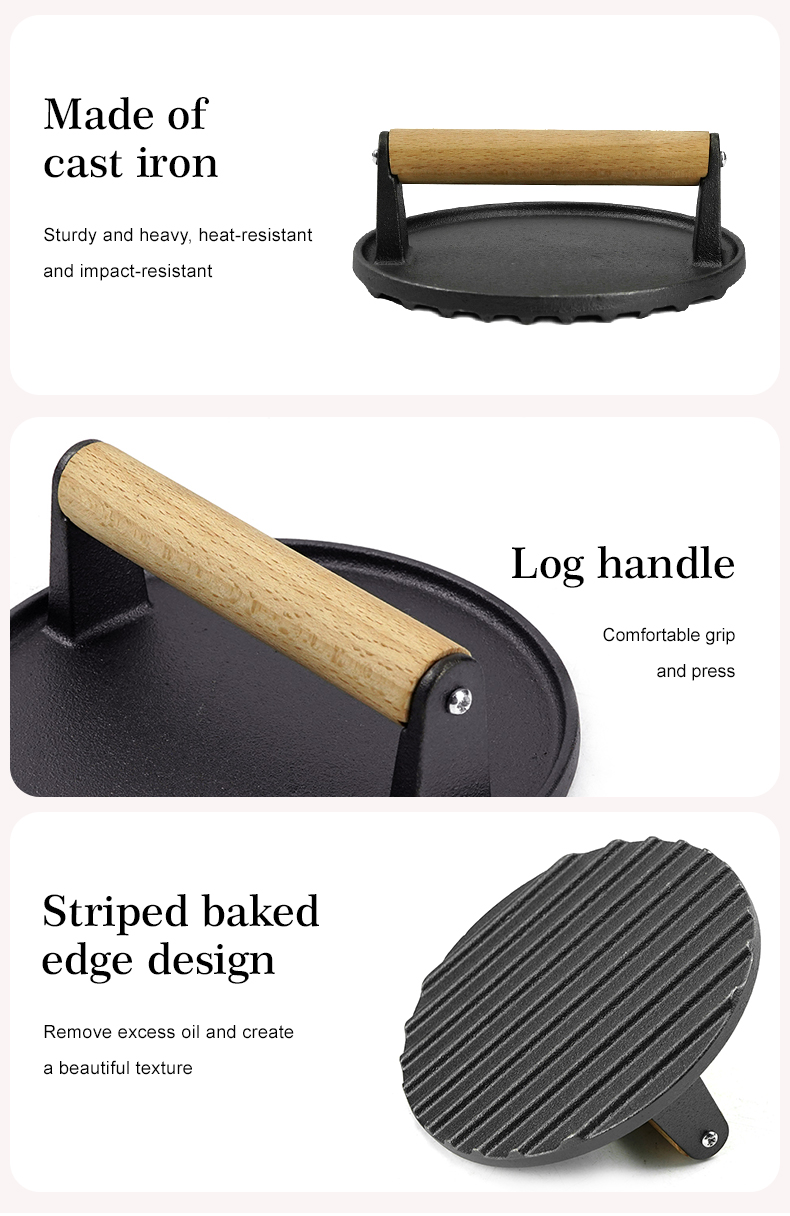 Pre-treated cast iron hamburger press - heavy-duty press suitable for barbecues, meats, grilled cheeses, and panini - Round wooden handle
