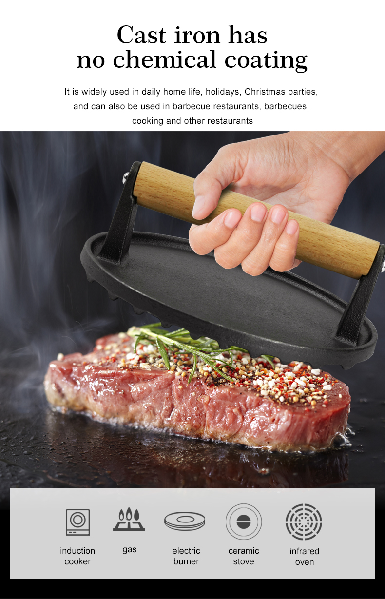 Pre-treated cast iron hamburger press - heavy-duty press suitable for barbecues, meats, grilled cheeses, and panini - Round wooden handle