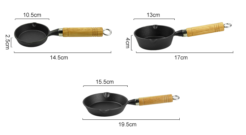 Mini cast iron frying pan, round non-stick pan, 2 gates, portable small egg pan with hanging wooden handle