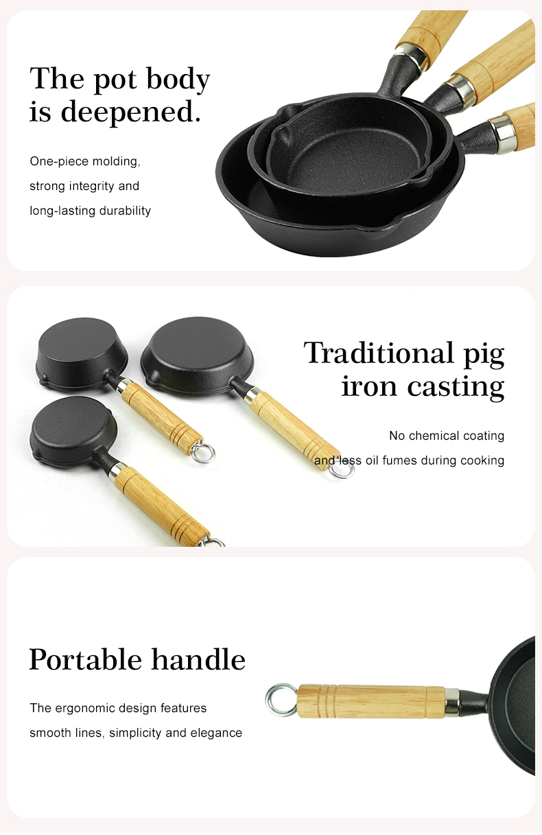 Mini cast iron frying pan, round non-stick pan, 2 gates, portable small egg pan with hanging wooden handle