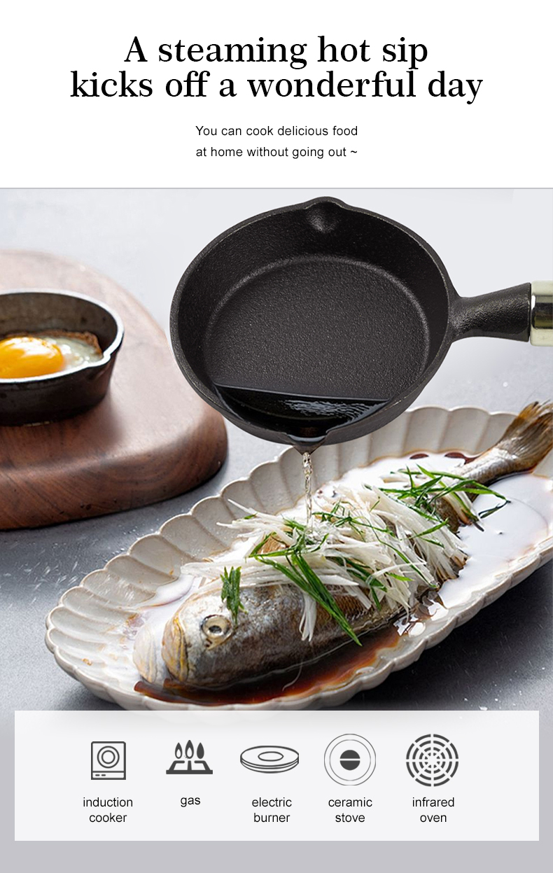 Mini cast iron frying pan, round non-stick pan, 2 gates, portable small egg pan with hanging wooden handle