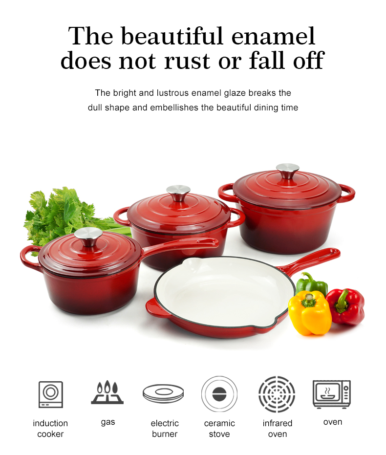 Enamel cast iron cookware set, 7 pieces of POTS with LIDS, frying pan, stew pot (gradient red)