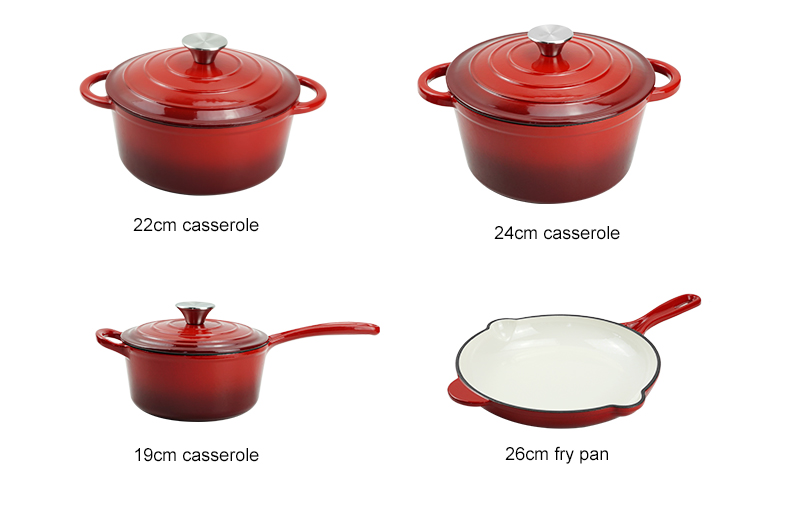Enamel cast iron cookware set, 7 pieces of POTS with LIDS, frying pan, stew pot (gradient red)