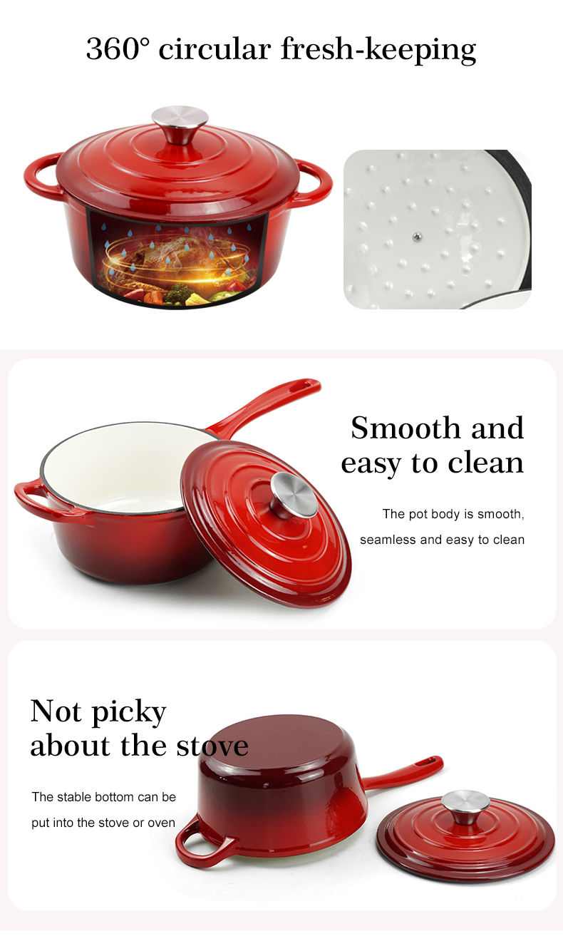 Enamel cast iron cookware set, 7 pieces of POTS with LIDS, frying pan, stew pot (gradient red)