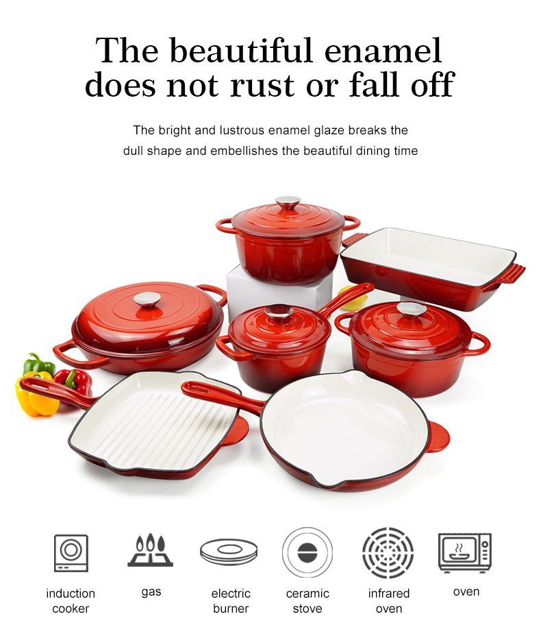 Enamel cast iron cookware set,11 pieces of cookware with LIDS, frying pan, stew pot, healthy Dutch oven
