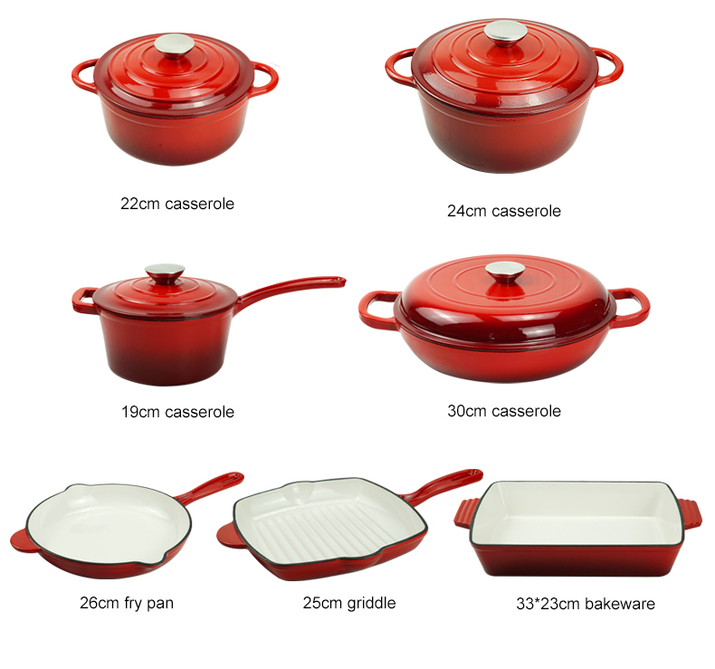 Enamel cast iron cookware set,11 pieces of cookware with LIDS, frying pan, stew pot, healthy Dutch oven