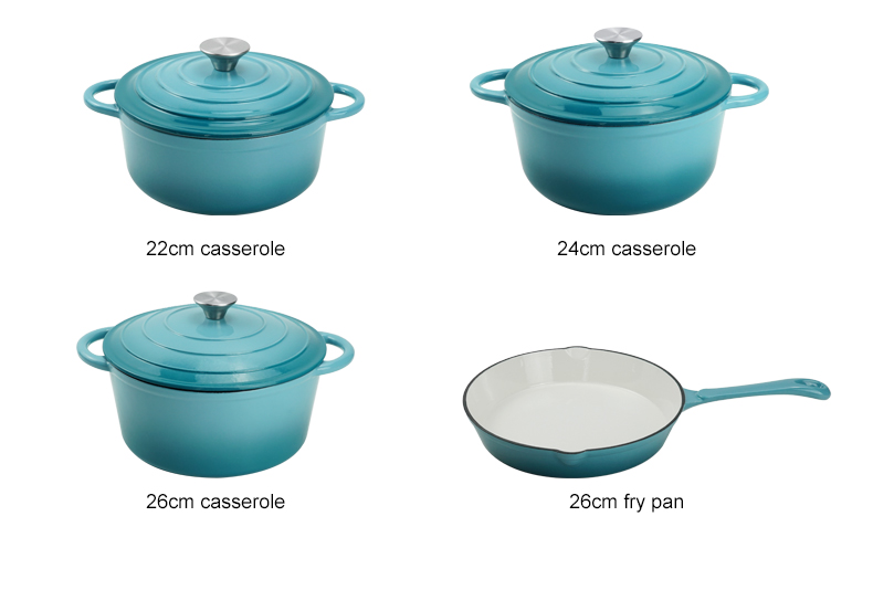 Enamel cast iron cookware set, 7 covered POTS, frying pan, stew pot, gradient blue, gradient red