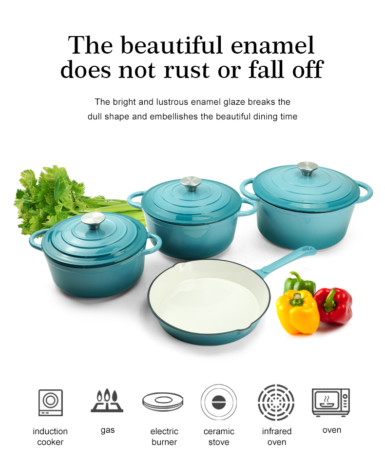 Enamel cast iron cookware set, 7 covered POTS, frying pan, stew pot, gradient blue, gradient red