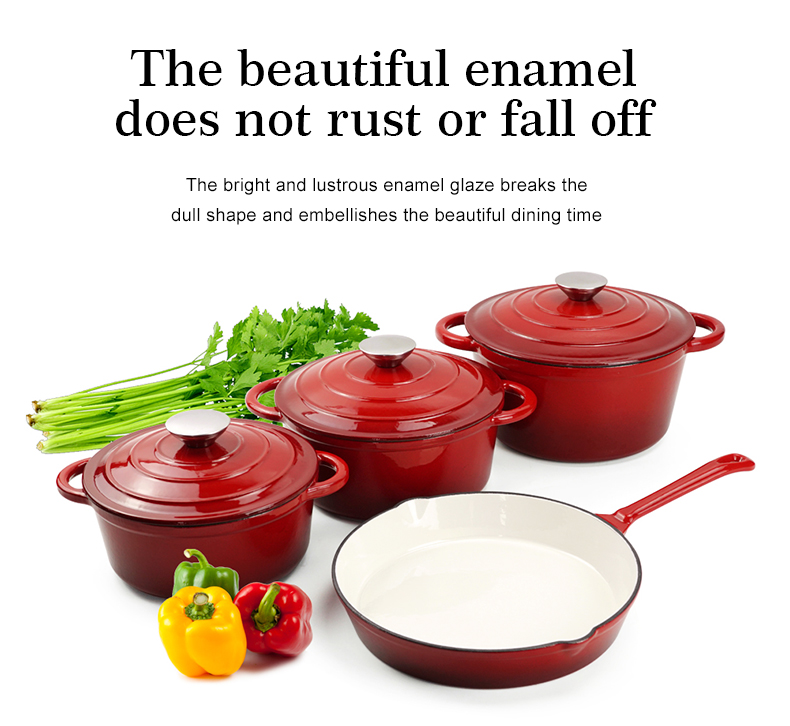 Enamel cast iron cookware set, 7 covered POTS, frying pan, stew pot, gradient blue, gradient red