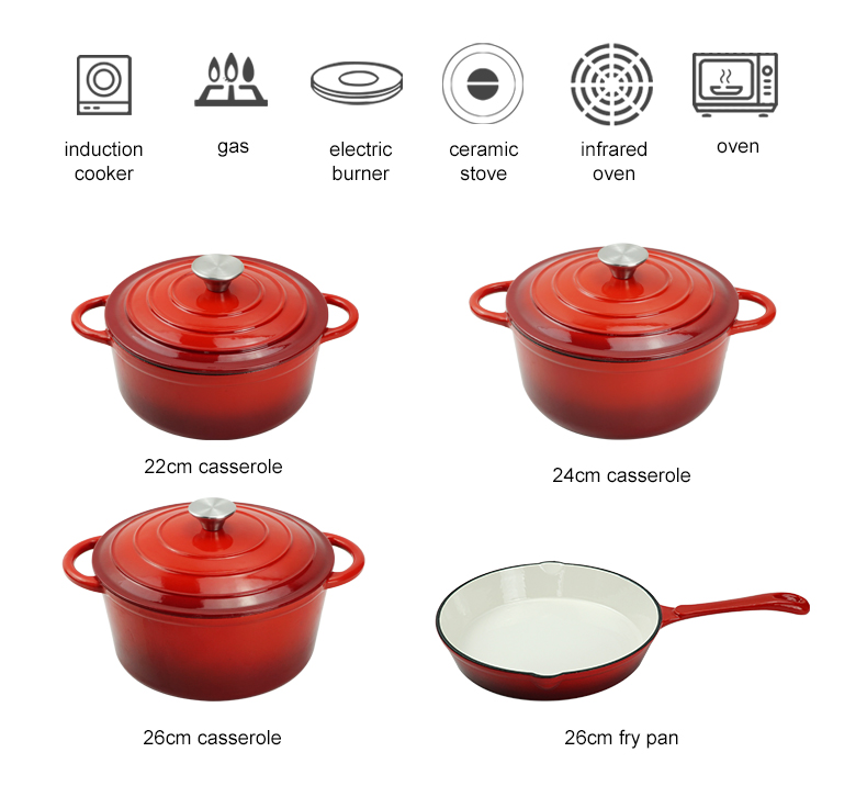 Enamel cast iron cookware set, 7 covered POTS, frying pan, stew pot, gradient blue, gradient red