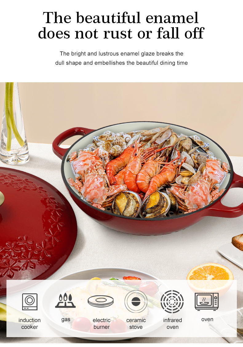 Cast iron Dutch seafood pot with lid - Shallow Dutch grill with patterns