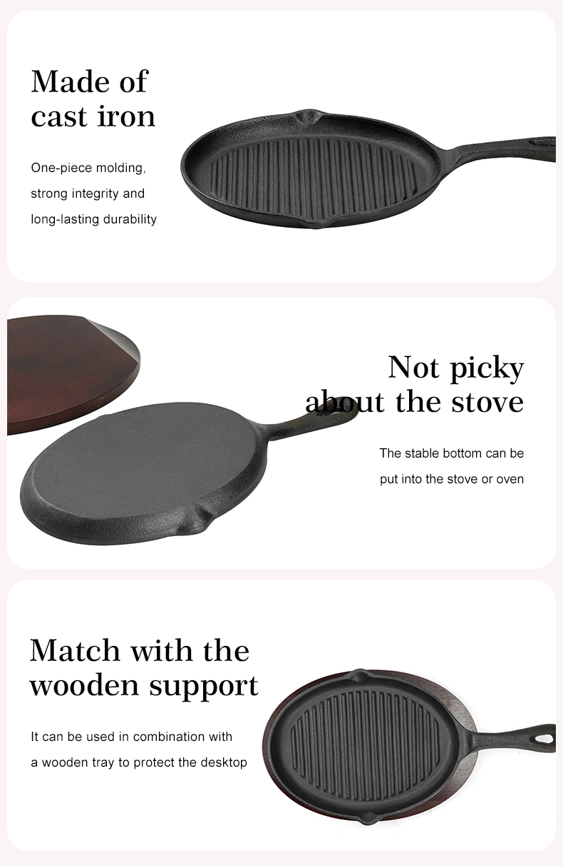 Fajita cast-iron frying pan with a wooden tray