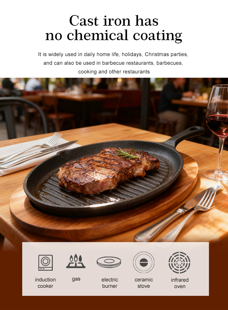 Fajita cast-iron frying pan with a wooden tray