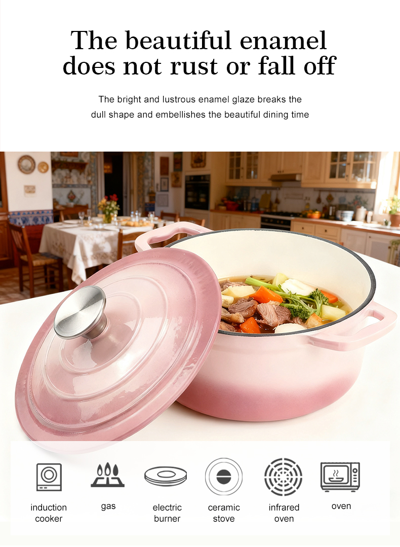 Enamel cast iron Dutch baking pan with lid for bread baking - pink