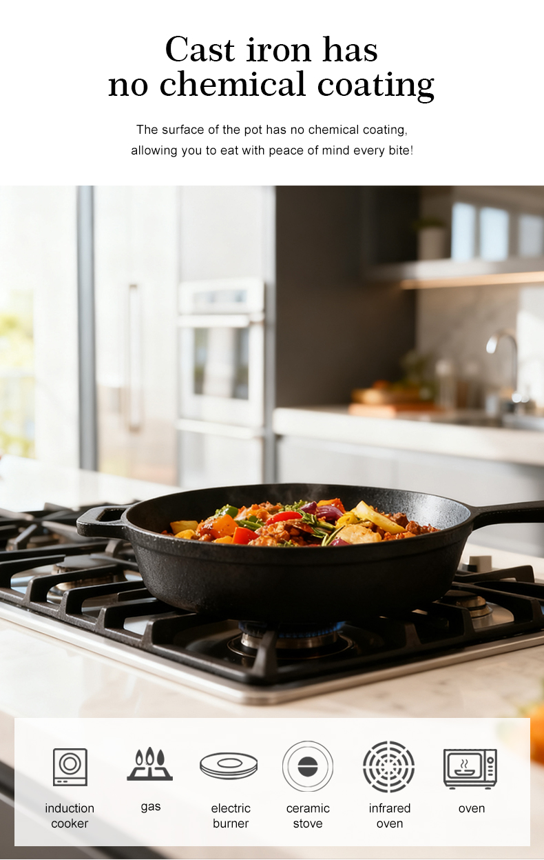 Cast iron frying pan with auxiliary handle, heat-resistant oven safe cookware - suitable for indoor/outdoor use