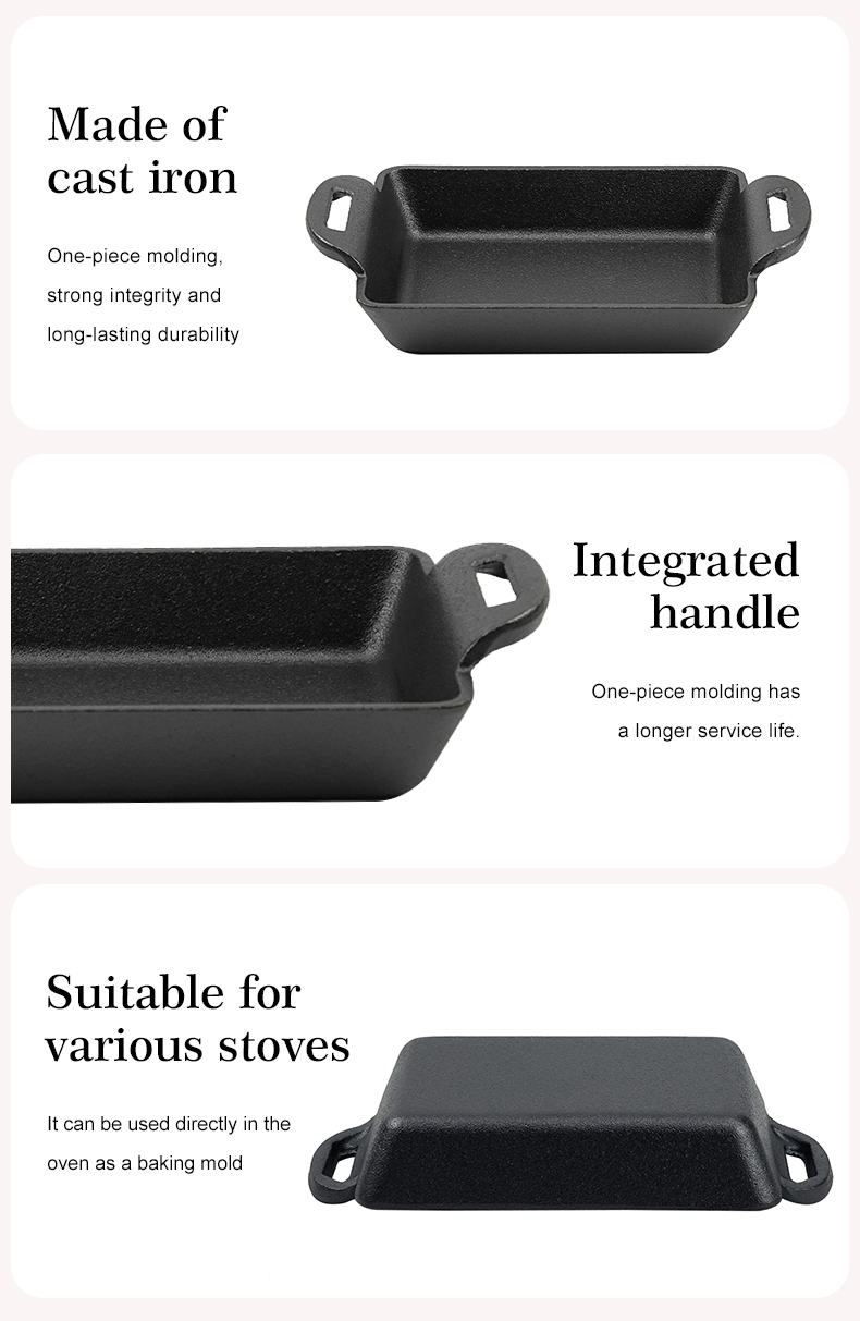 Mini square cast iron frying pan with double handles, suitable for indoor and outdoor picnics in the kitchen