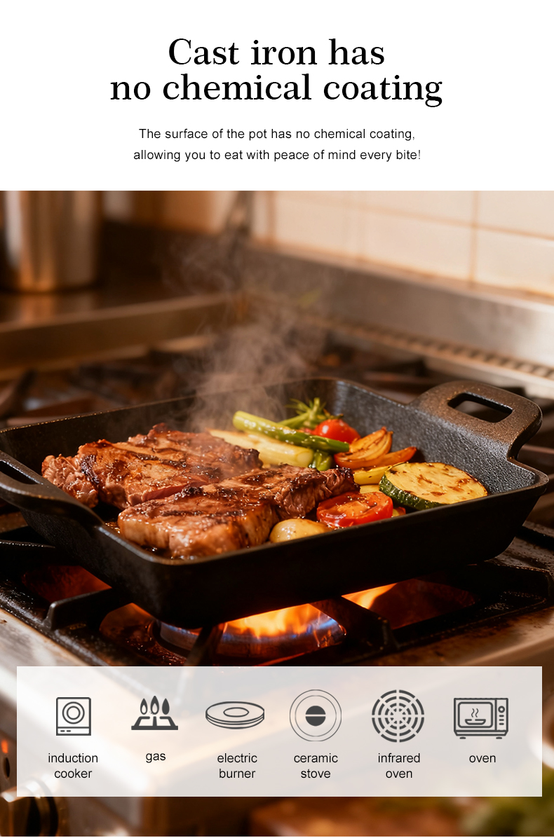 Mini square cast iron frying pan with double handles, suitable for indoor and outdoor picnics in the kitchen