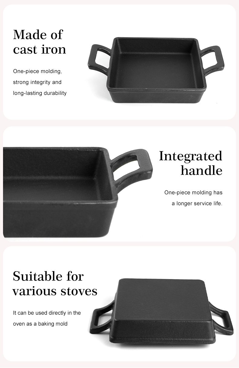Cast iron mini frying pan with double ears, suitable for both indoor and outdoor use.
